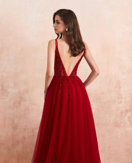 Luxury Burgundy V-Neck Beading Tulle Appliques Prom Dress A-line Side Split Evening Dress_5