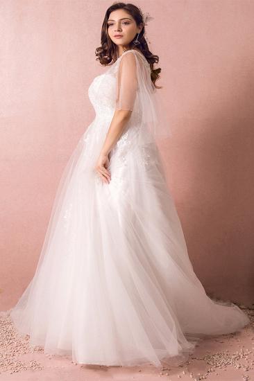 Elegant Plus Size Lace Wedding Dress A-line Floor Length V-neck Tulle Appliques Lace-up Poet Sleeves_2