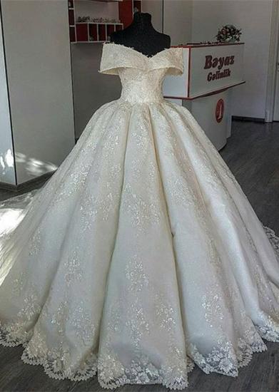 TsClothzone Unique Off-the-shoulder A-line Lace Wedding Dresses Satin Ruffles Bridal Gowns With Appliques Online