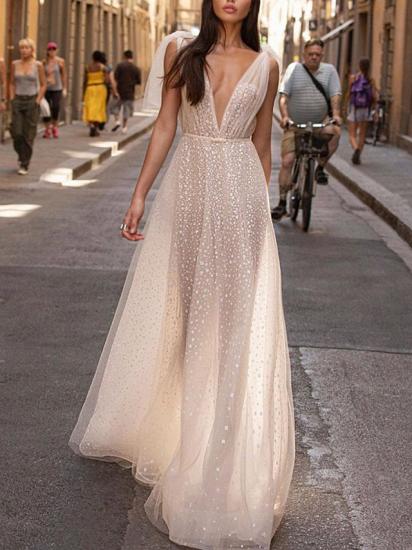 Beach A-Line Wedding Dress V-neck Tulle Sleeveless Sexy See-Through Bridal Gowns
