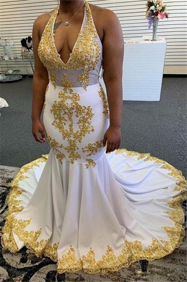 Halter Gold Lace Appliques Prom Dresses | Sleeveless Mermaid Evening Gowns