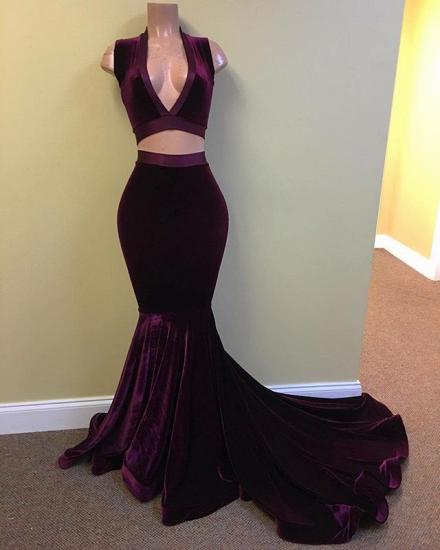 Mermaid Grape Stunning Two-Pieces V-Neck Velvet Prom Dress_2