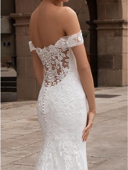 Romantic Plus Size Mermaid Wedding Dress Off Shoulder Lace Satin Short Sleeve Bridal Gowns with Court Train_3