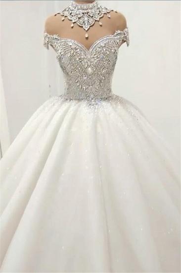 Glamorous High Neck Crystal Wedding Dresses | 2022 Short Sleeves Sheer Tulle Bridal Ball Gown