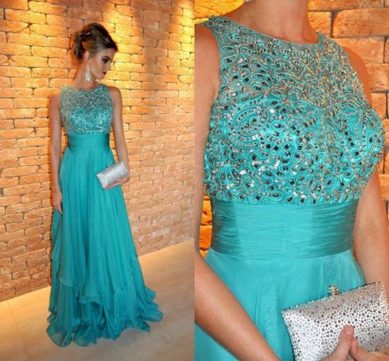 A-Line Crystal Chiffon Long Evening Dress with Beadings Latest Floor Length Empire Party Dresses_3
