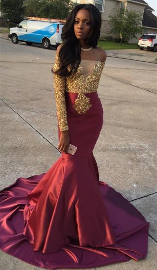 Gold Lace Appliques Off The Shoulder Evening Gowns Long Sleeve Mermaid 2022 Prom Dress