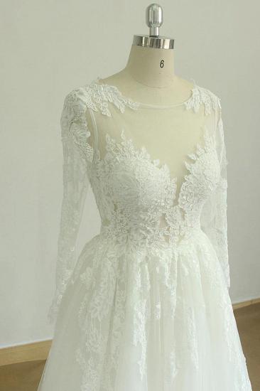 Wunderschönes Langarm-Hochzeitskleid mit weißen Applikationen | Tüll-Spitze-Juwel-Brautkleid_4