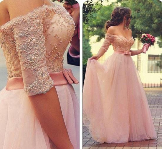 A-Line Cute Pink Half Sleeve Evening Dress Off Shoulder Lace Sweep Train Bridal Gown_3