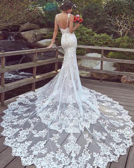 Mermaid white sweetheart lace wedding dress with long train_2