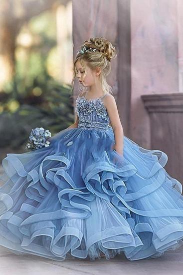 Nette trägerlose staubige blaue Rüschen Puffy Princess Flower Girl Kleider_4