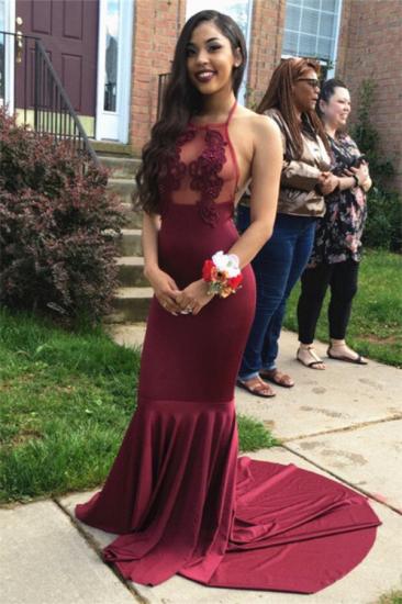 Burgundy Halter Backless Prom Dress 2022 Sheath Appliques Sexy Evening Gown_1