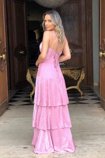 Sparkle Candy Pink Deep V-neck Shiny Open Back Pleats Prom Dresses with Romantic Ruffles_2