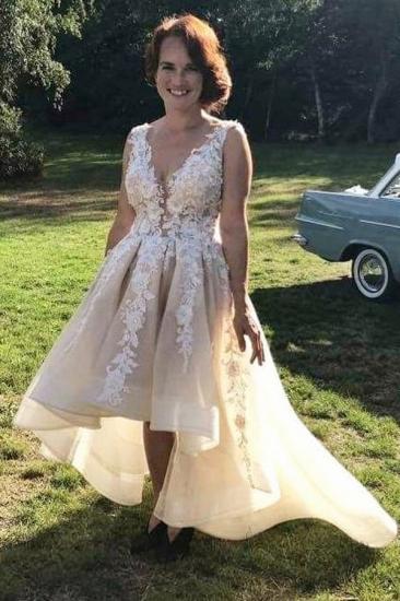 V-Neck Hi-Lo Lace Appliques Evening Prom Dress A-line Tulle Straps Elegant