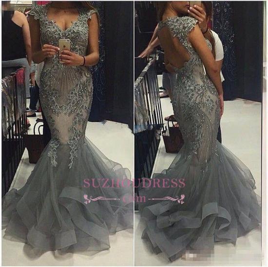 Mermaid V-Neck Tulle Cap Sleeves Crystal Elegant 2022 Evening Dress Open Back Prom Dresses_2