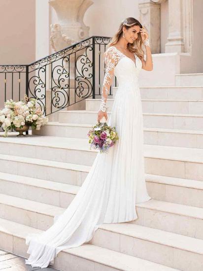 Elegante A-Linie Chiffon Brautkleider Romantische V-Ausschnitt Spitze Langarm Brautkleider mit Kapellenschleppe_2