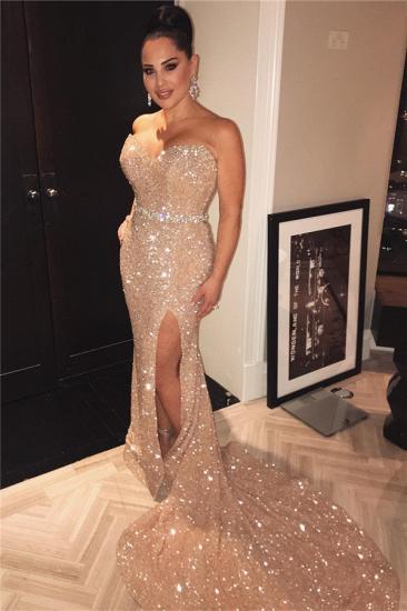 Sexy Champagne Gold Sequins Prom Dresses Cheap 2022 | Beads Belt Sexy Split Formal Evening Gowns_2
