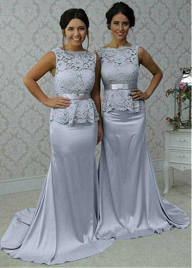 Langes Brautjungfernkleid im Meerjungfrau-Stil aus Satin in Silber mit Gürtel_1
