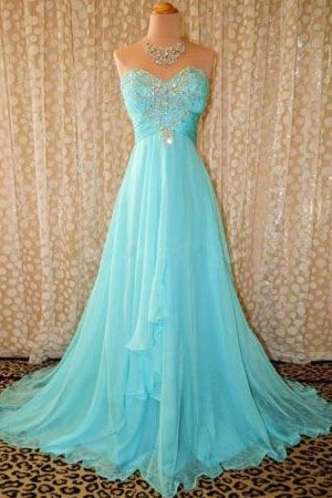 Sweetheart Blue Crystal Long Prom Gowns with Beadings Ruffles Sweep Train Formal Party Dress