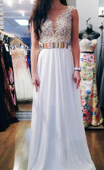 V-Neck Formal White Chiffon Long Applique Prom Dresses Affordable Custom Floor Length Belt Dresses for Juniors_1