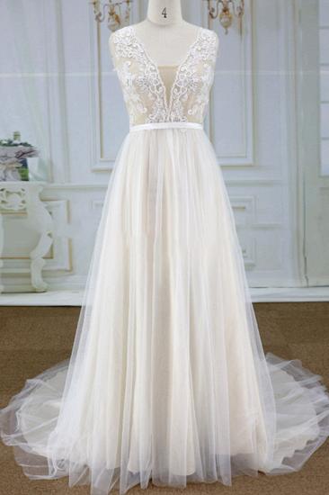 Chic V-neck Straps Sleeveless Wedding Dress | A-line Tulle Ruffles Bridal Champagne Gowns_2