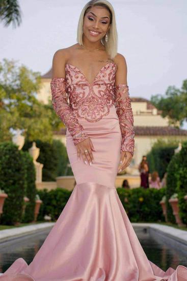 Sexy V-neck Strapless Beading Pink Mermaid Prom Gowns with Sleeves