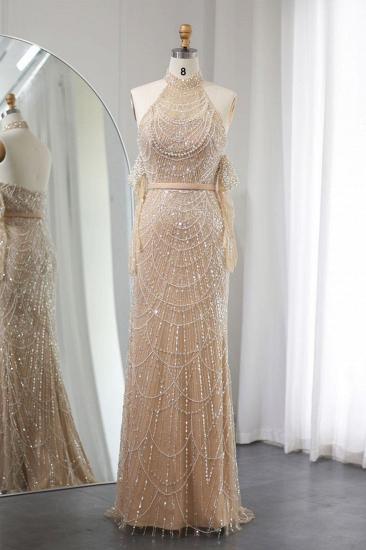Luxus Neckholder Pailletten Perlen Meerjungfrau Abendkleider Champagner Langes Partykleid für Hochzeit_1