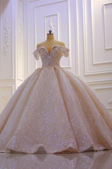 Off the shoulder Champange Puffy ball Gown Sparkle Wedding Dress_2