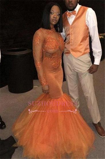 Orange Mermaid Tulle Prom Dresses | Cheap Sexy Long-Sleeves Evening Gowns_1