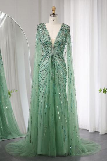 Luxuriöse Meerjungfrau-Abendkleider mit V-Ausschnitt, Kristallen, Pailletten und Cape-Ärmeln, langes Dubai-Partykleid für die Hochzeit_6