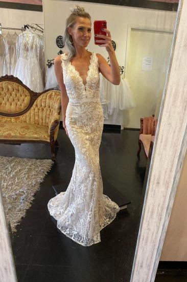 Elegant Double V-Neck Lace Appliques Detachable Train Wedding Bridal Dress_2