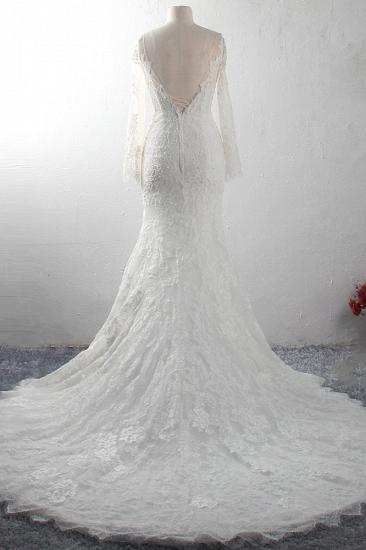 TsClothzone Elegantes Tüll-Spitzen-Hochzeitskleid mit V-Ausschnitt und langen Ärmeln Meerjungfrau-Applikationen Brautkleider mit Perlenstickerei Online_3
