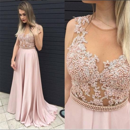 2022 Blushing Pink Long Prom Dress Illusion Pearls Belt Evening Dresses Cheap_3