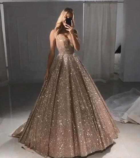 Sparkly Champagne Gold Sequins Prom Dresses Cheap | Gorgeous Shiny Sleeveless Straps Evening Gowns 2022_3
