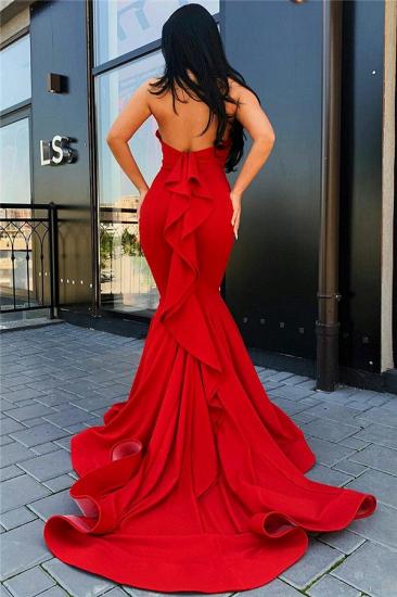 Rückenfreie Meerjungfrau Sexy Ballkleider Rot | Ärmellose Rüschen Günstige formelle Abendkleider mit Hofzug_2