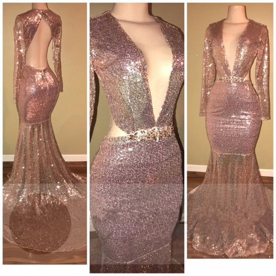 Backless Sequined Gorgeous V-neck Long-Sleeve Mermaid 2022 Prom Dress_2