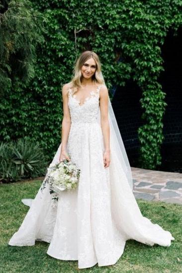 Women V Neck Sleeveless White Wedding Dresses With Lace Appliques_6