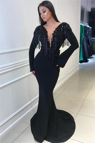 Deep Sexy V-neck Open Back Black Prom Dresses | Fit and Flare Elegant Long Sleeve Beads Tassels Evening Gown