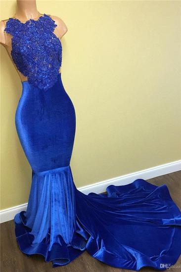 New Arrival Mermaid Royal Blue Velvet Prom Dress 2022 Cheap Lace Evening Gown_1