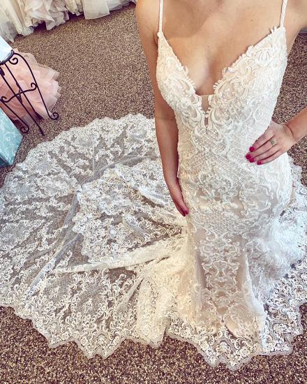 Luxury Lace Beading Chapel Train Champagne Wedding Dress | Cute Spaghetti Straps V Neck Sleeveless Long Bridal Gown_2