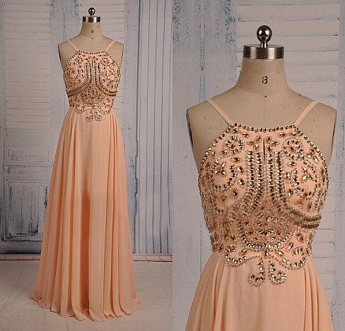 Coral Chiffon Spaghetti Straps Prom Dresses with Sparkly Crystals 2022 Long Evening Dresses_3