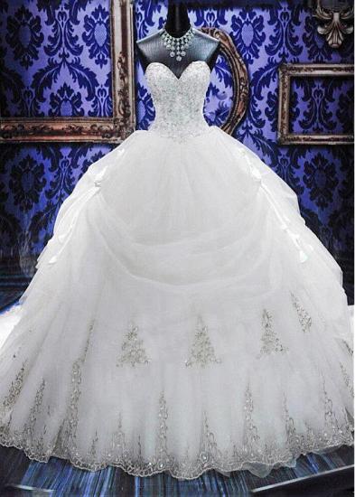 Elegantes weißes Schatz-Kristallballkleid-Hochzeits-Kleid-Gerichts-Zug Bowknot-Brautkleider mit Perlenstickereien_5