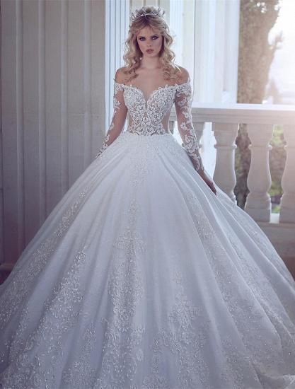 Gorgeous Off Shoulder Long Sleeve Wedding Dress| Lace Appliques Ball Bridal Gowns