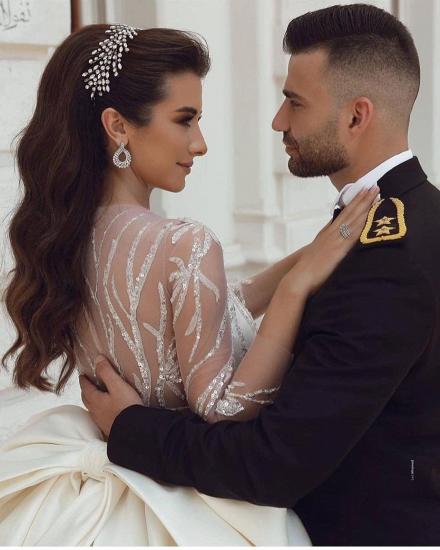 Gorgeous Long Sleeves Satin Bridal Gown with 3D Sequins Bowtie Back_3