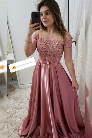 Applique Off-the-Shoulder Prom Dresses | Beads Sleeveless Evening Dresses with Bow-knot Belt