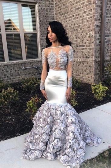 Silver Flowers Sexy See Through Prom Dresses | Long Sleeve Beads Lace Mermaid Graduation Dress_2