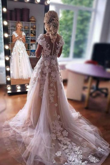 Romantic Sleeveless A-Line Wedding Dress 3D Floral Lace Tulle Bridal Dress_1