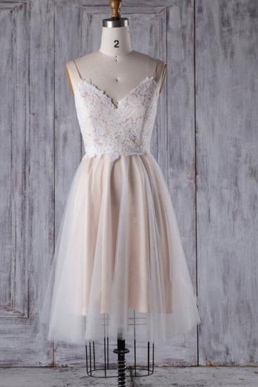 Spaghetti Straps Tulle Nude Pink Lace Short Prom Dresses_2