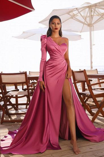 One Shoulder Satin Side Split Evening Maxi Gowns with Sweep Train