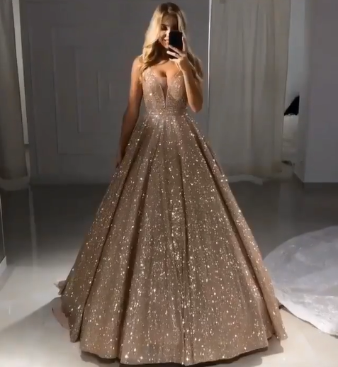 Shiny Gold Ball Gown Evening Dresses | Sexy V-Neck Sequin Prom Dresses_4