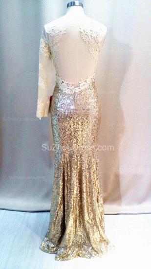 Gold Sequined One Long Sleeve Evening Dresses Sheer Back Sexy Sparkly Long Dresses for Women_2